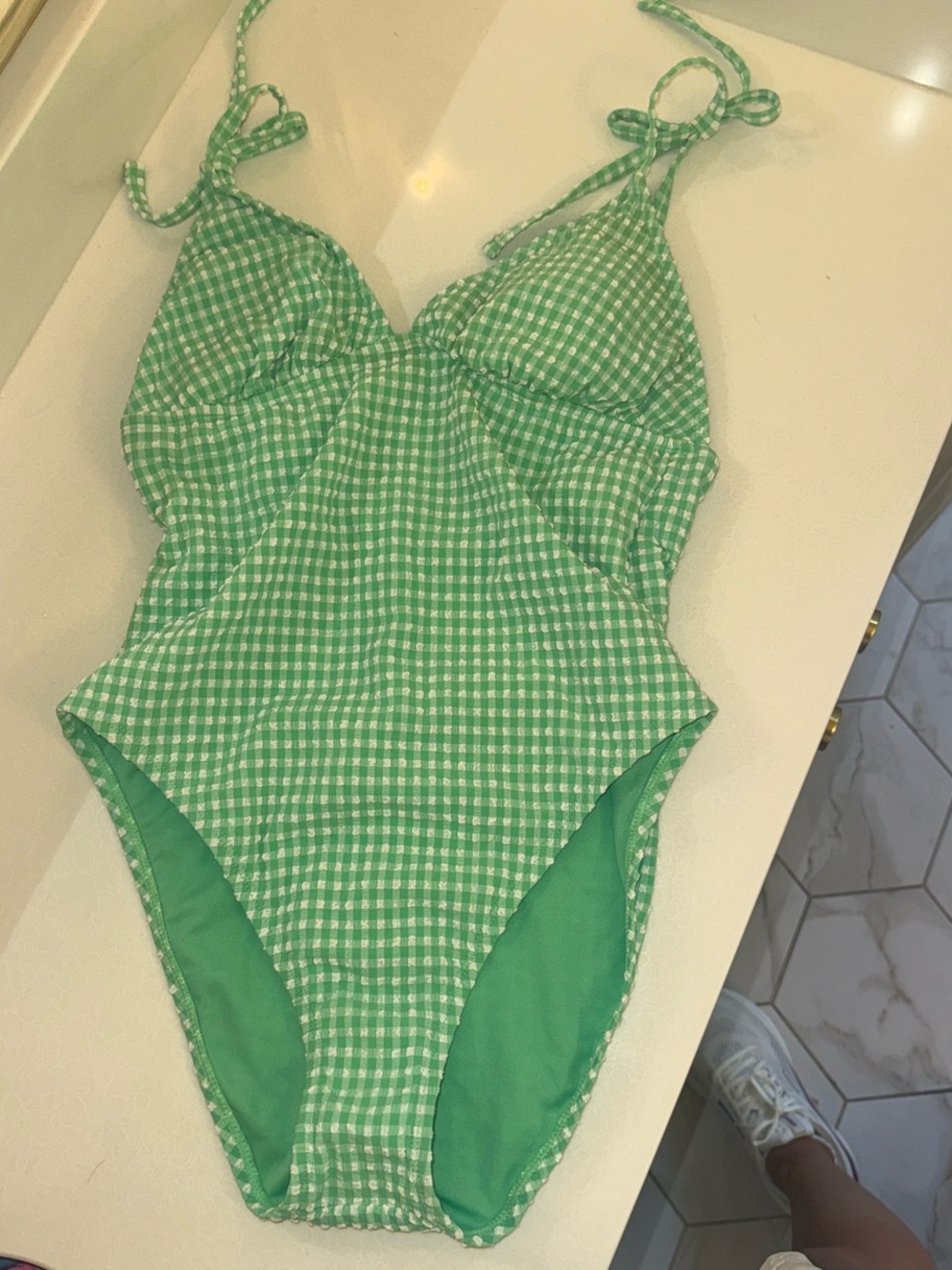 Time and Tru Green Gingham One-Piece Swimsuit